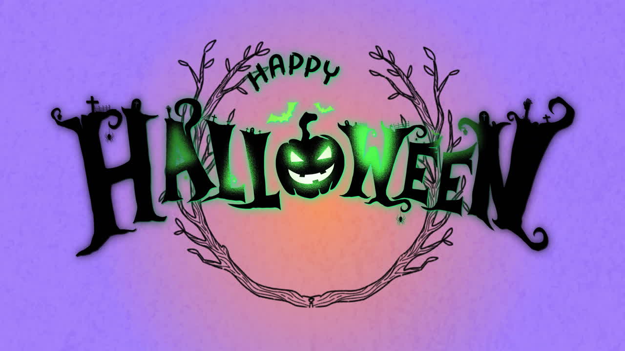 Animazione del testo "Happy Halloween" con zucca spettrale e pipistrelli su sfondo viola
