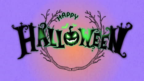 Happy Halloween text animation with spooky pumpkin and bats over purple background