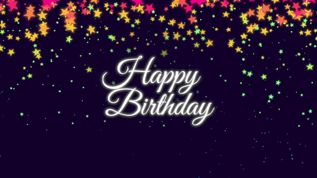 feliz cumpleaños con estrellas del arco iris y confeti en el cielo