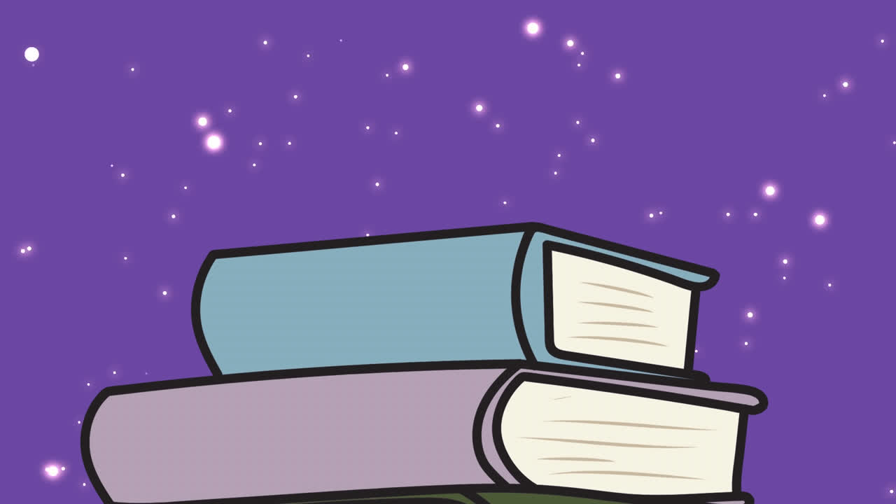 animación de manchas brillantes sobre libros sobre fondo púrpura