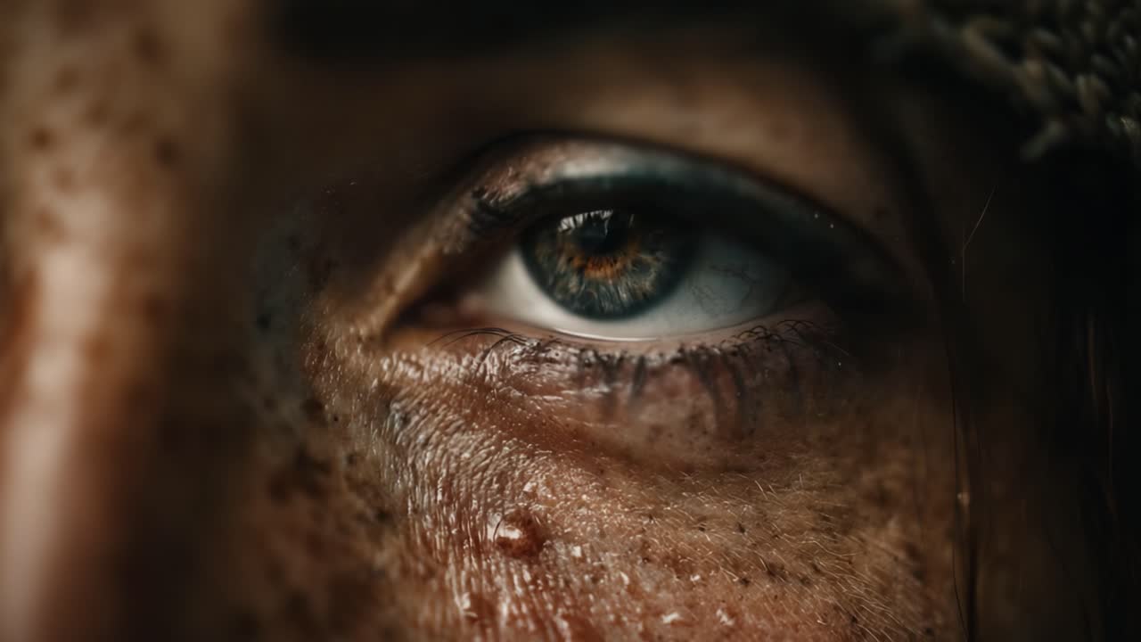 Un primo piano profondo ed espressivo di un occhio, che cattura dettagli intricati ed emozioni, immerso nel suo ambiente rustico e nella pelle segnata dal tempo