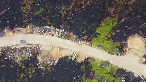 aerial drone top view above road between burned soil after wildfires in canada, quebec, devastated area with a lonely car