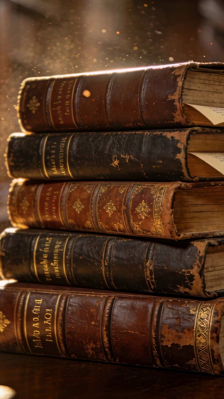 Vertical video: Illuminating beam tracing 5 leather books in study revealing dust motes and papers