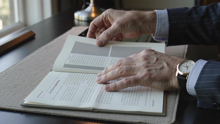 Lifting right hand, pinstripe suit man flipping pages skimming book at desk by window with watch