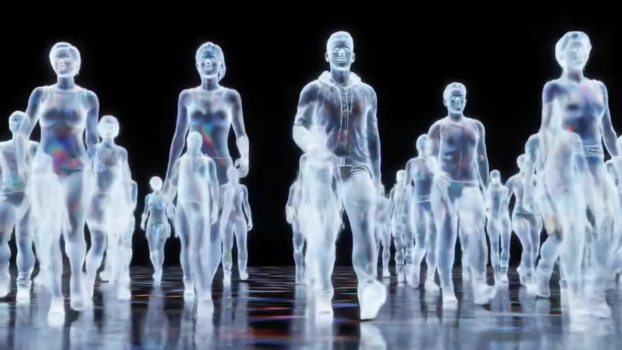 A Futuristic Gathering: Ethereal Figures in Motion, Reflecting the Essence of Humanity through a Transparent Lens, Captivating Imagery in a Digital Landscape