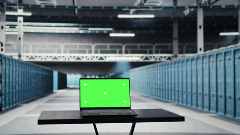Green screen laptop used to do yearly checkup to prolong data center electronics