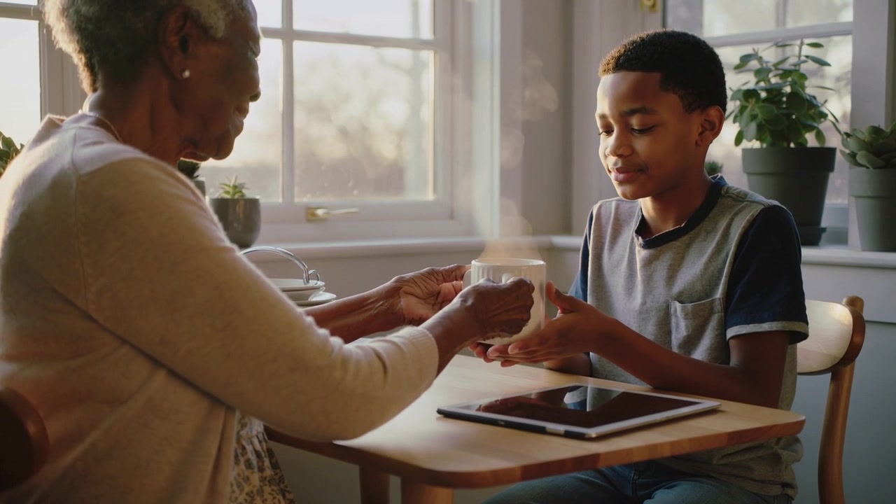 Une personne âgée en cardigan tend une tasse fumante à son petit-fils en t-shirt pour qu'il se réchauffe les mains à la fenêtre, avec une tablette.
