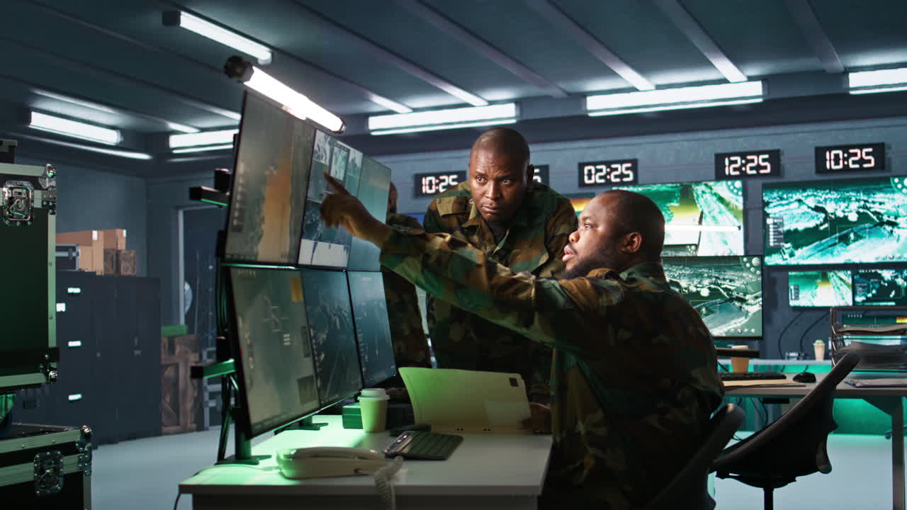 армейские специалисты смотрят на файлы миссий и экраны оборудования.
