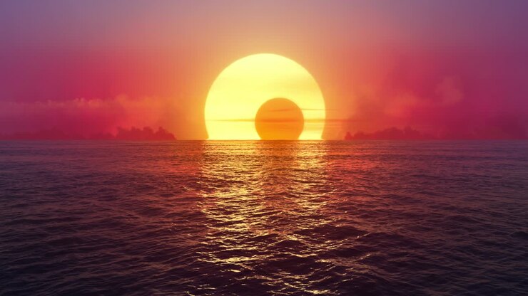 Sunset and solar eclipse over seamlessly looped ocean.