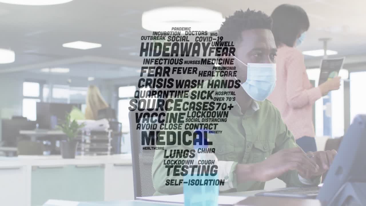 Animation of words floating with colleagues in office wearing face masks