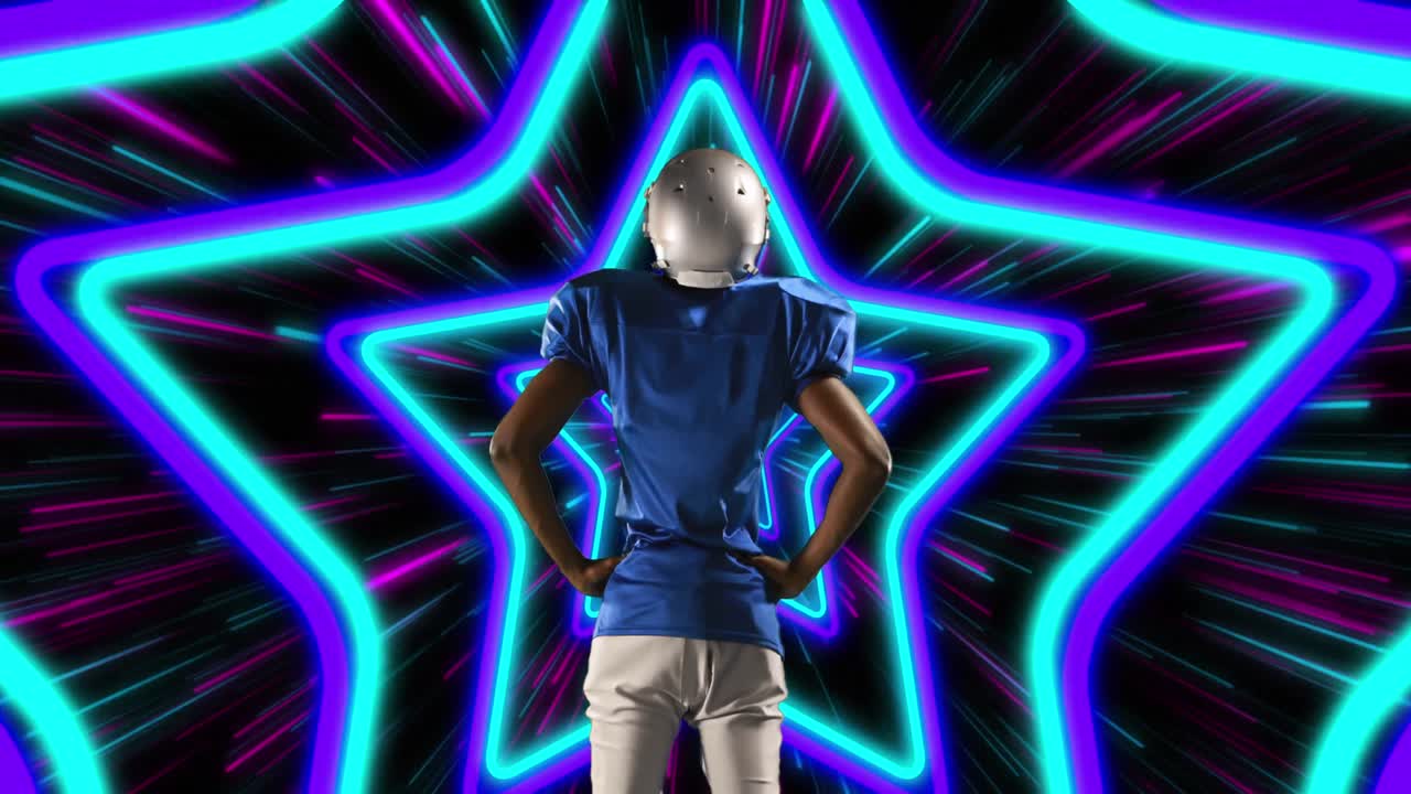 animação de jogador de futebol americano afro-americano com capacete sobre formas