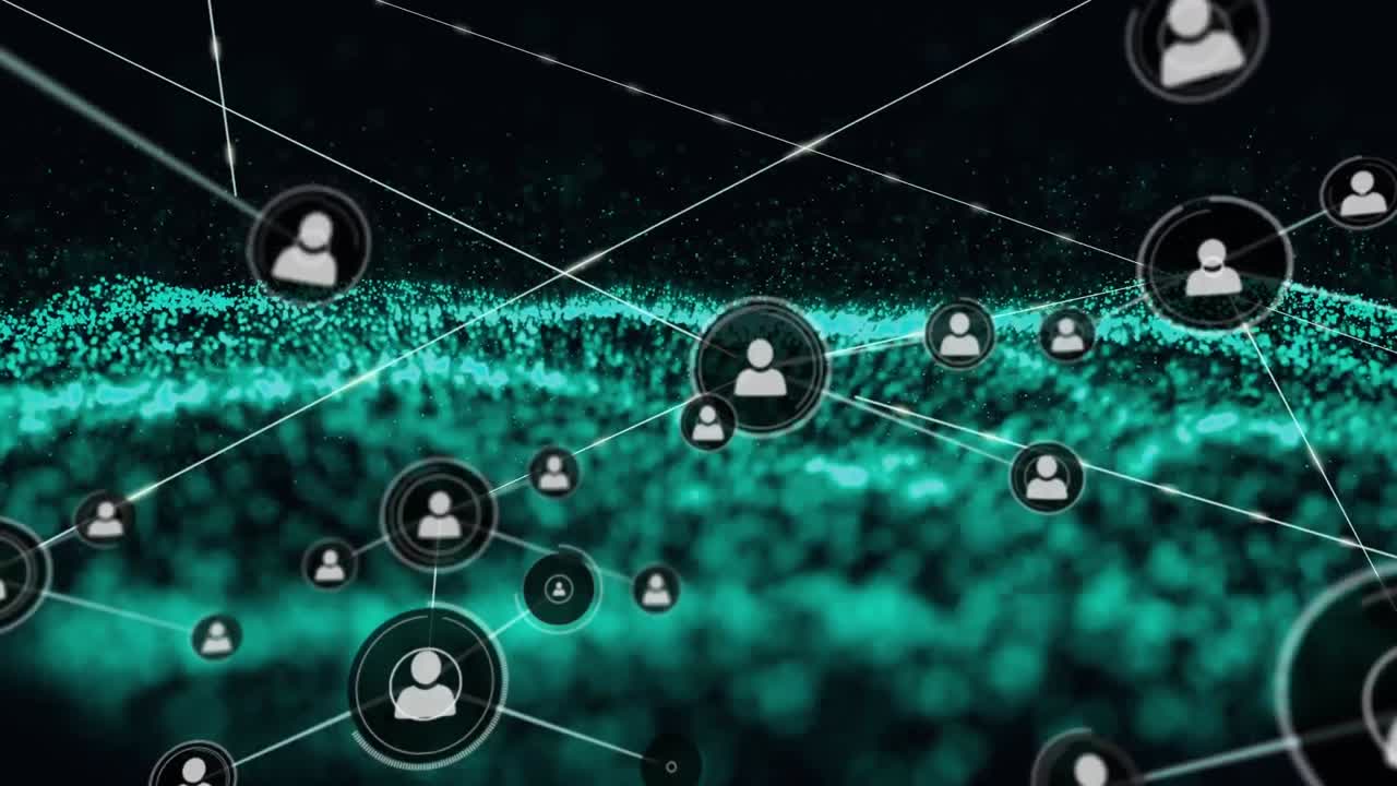 Animation of network of connections with digital people icons over green mesh