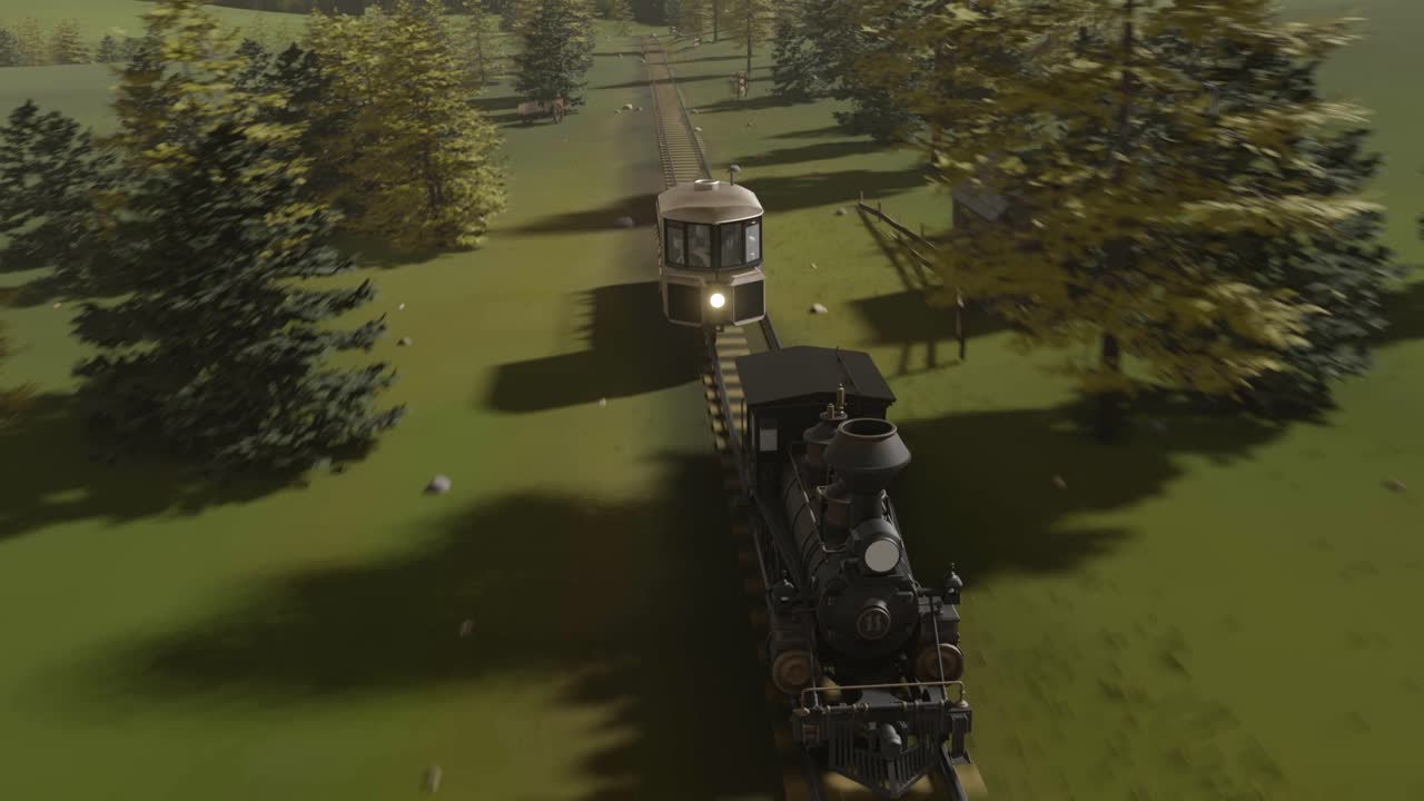 일반 증기 열차 뒤에서 이동하는 브레넌 자이로스코프 모노레일을 보여주는 3d 애니메이션