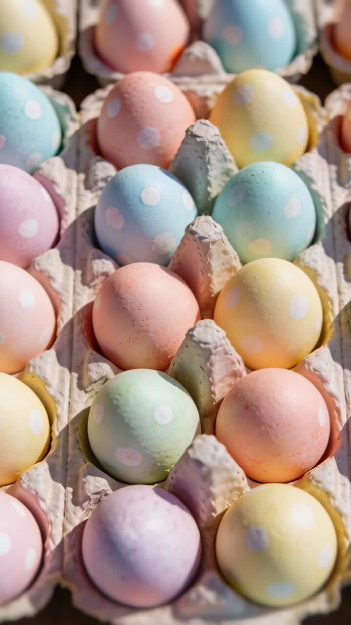 Camera pulling back and revealing pastel polka-dot eggs in carton, showcasing holiday goods