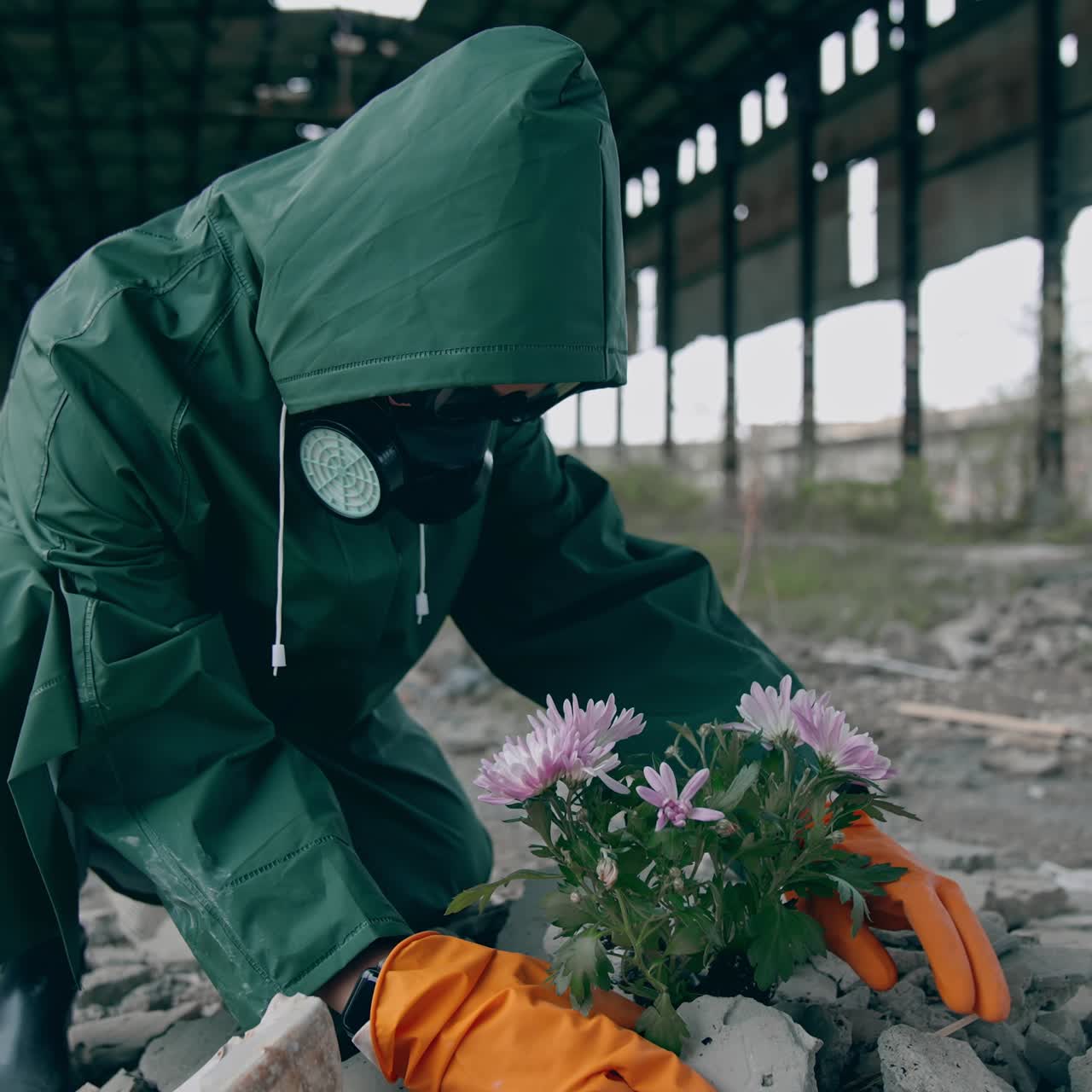 Human in protective uniform planting flowers in dangerous city. Man in safety suit and goggles