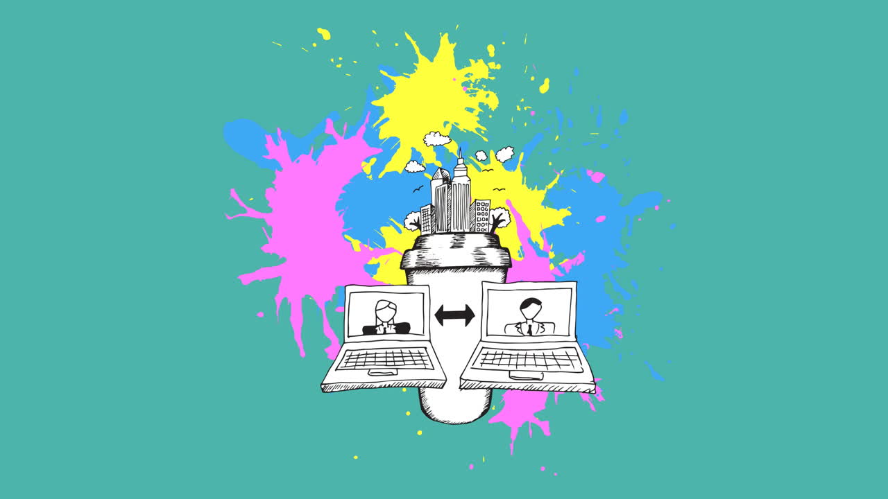 노트북과 도시 모델의 애니메이션이 파란색 배경의 반점 위에 있습니다.