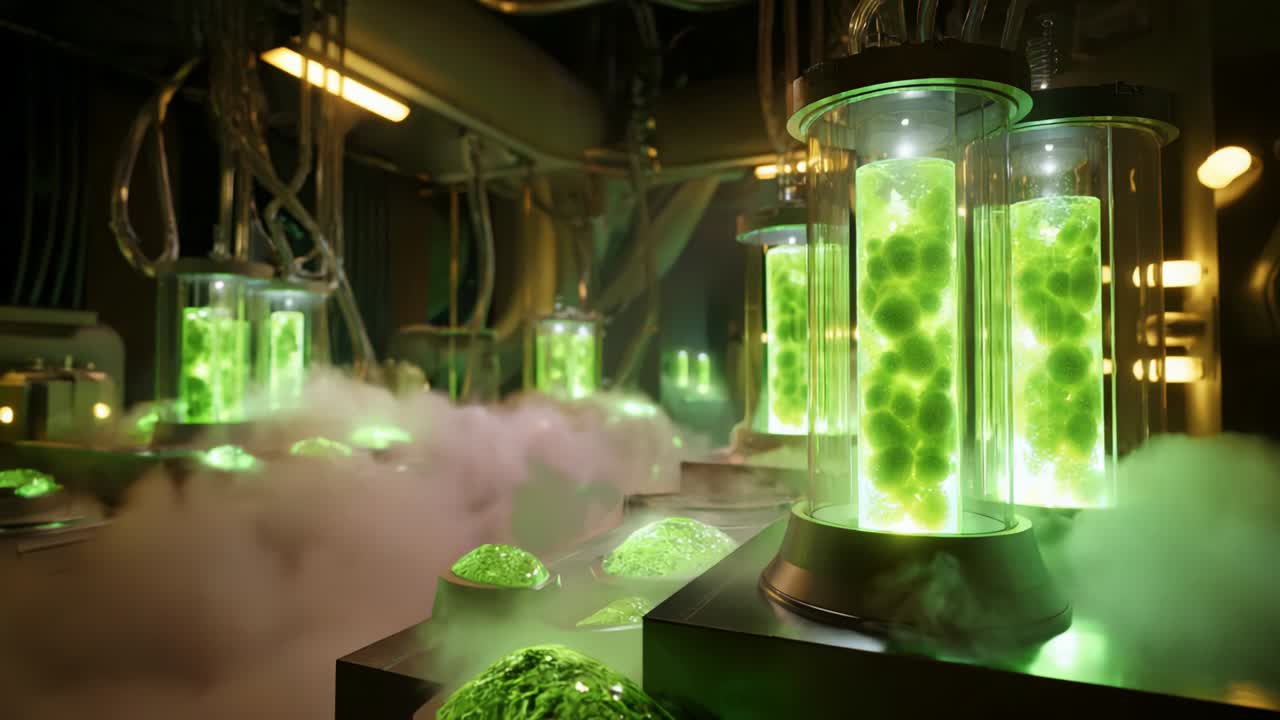 Illuminated Lab Scene with Genetic Samples and Bacterial Cultures Encased in Glass Tubes Creating a Futuristic and Mysterious Atmosphere in a High-Tech Laboratory Environment