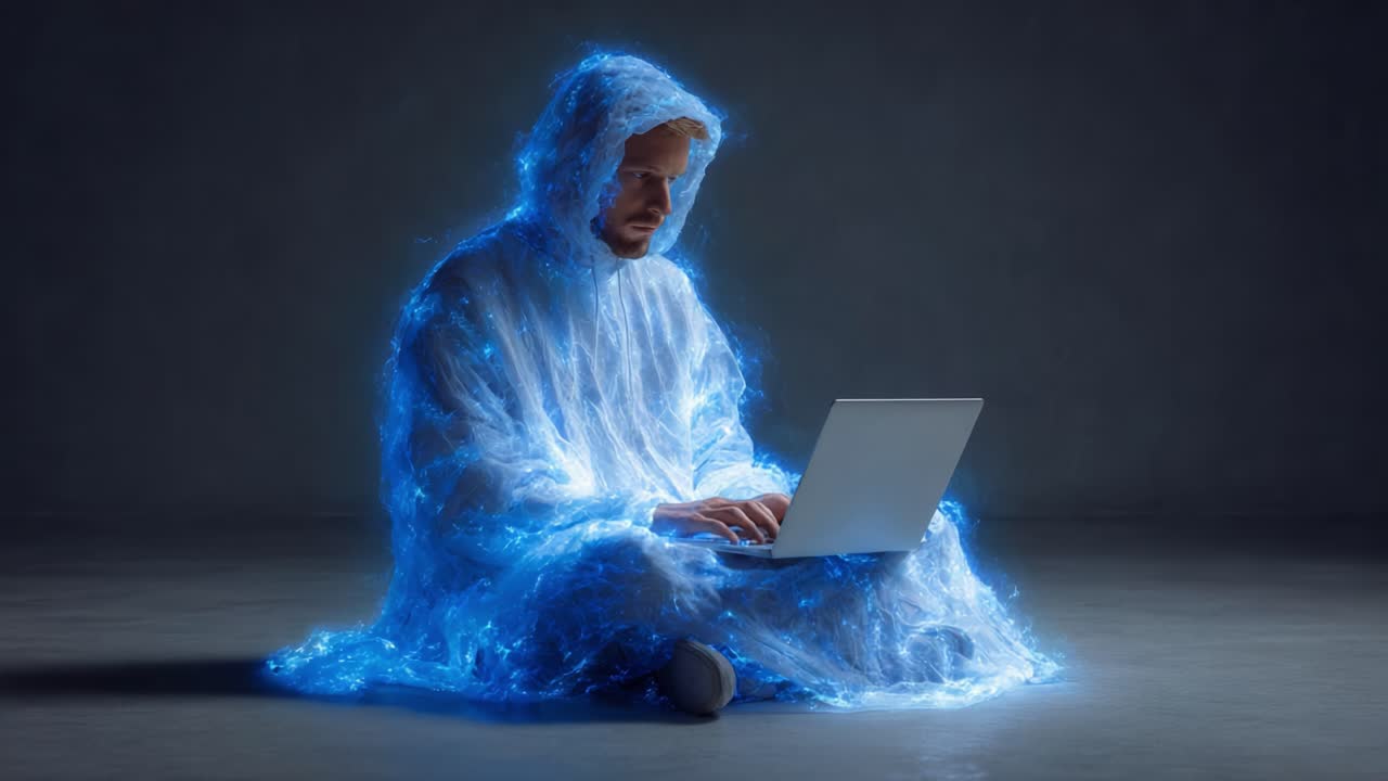 A Mystical Being Engaged in Digital Creation: An Ethereal Presence Merges Technology and Imagination in a Surreal Setting with Glowing Blue Light Effects