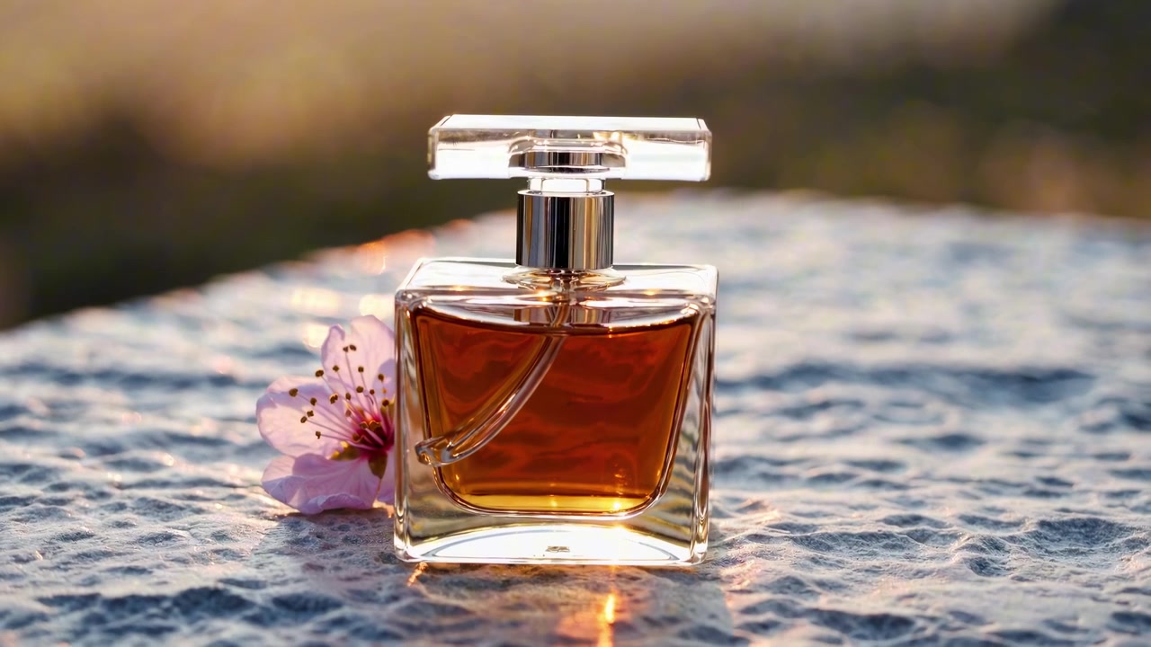 Flacone di profumo in vetro con petalo di fiore rosa al tramonto