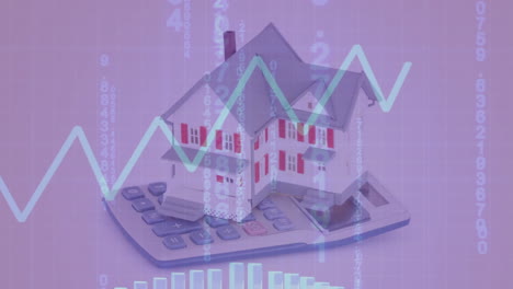 animation of 3d house model over stock market display in the background