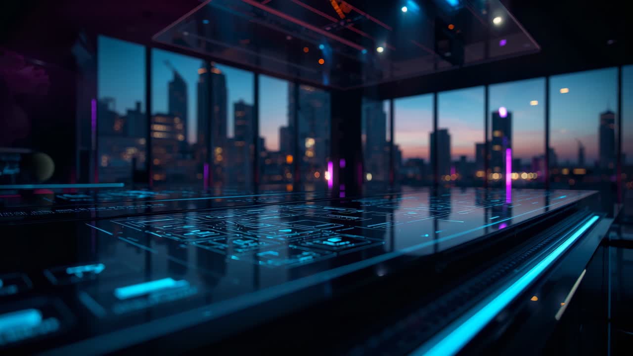 Animating holographic tabletop responding to unseen inputs in glass conference room, dusk skyline