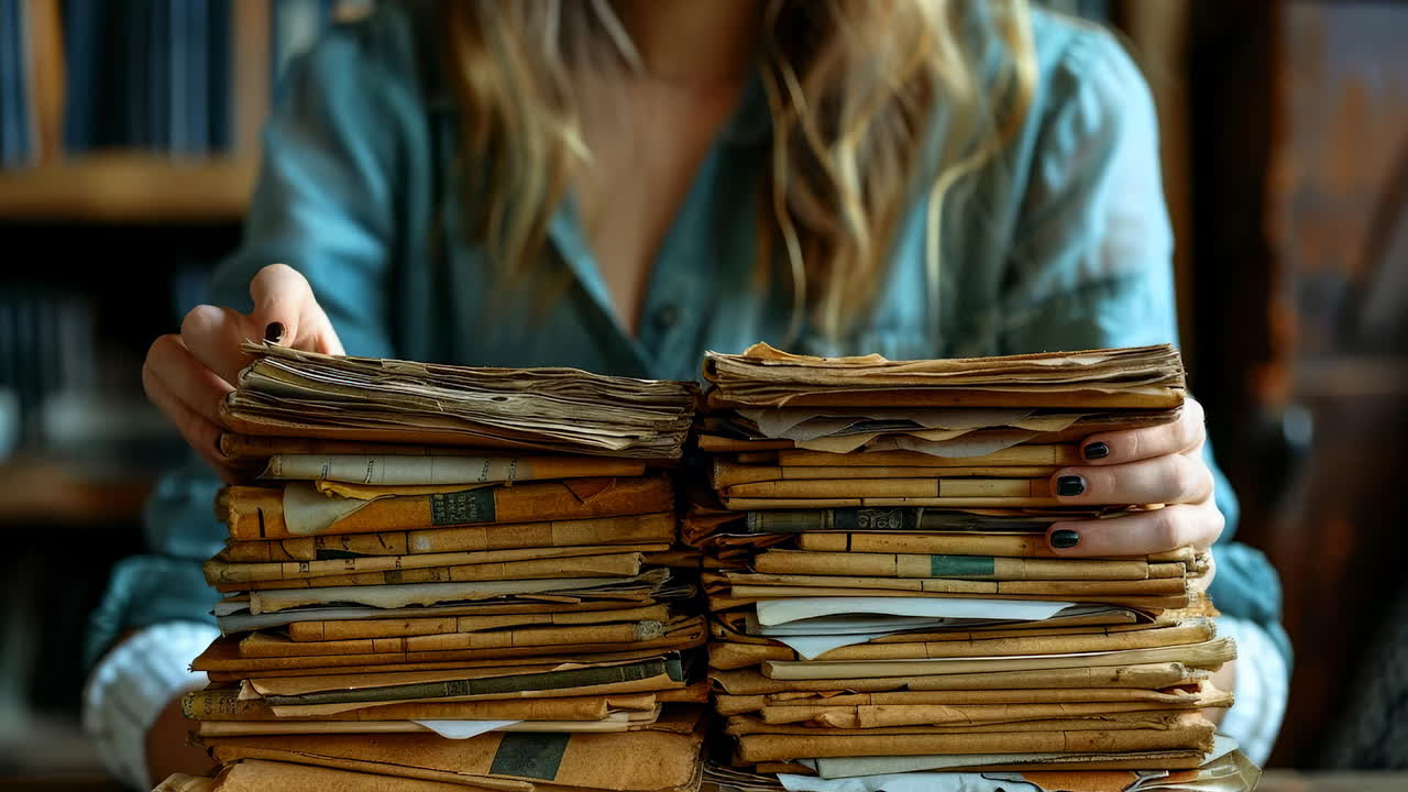 Sorting old documents cozily. A person is sorting through stacks of old documents in a warm and inviting room
