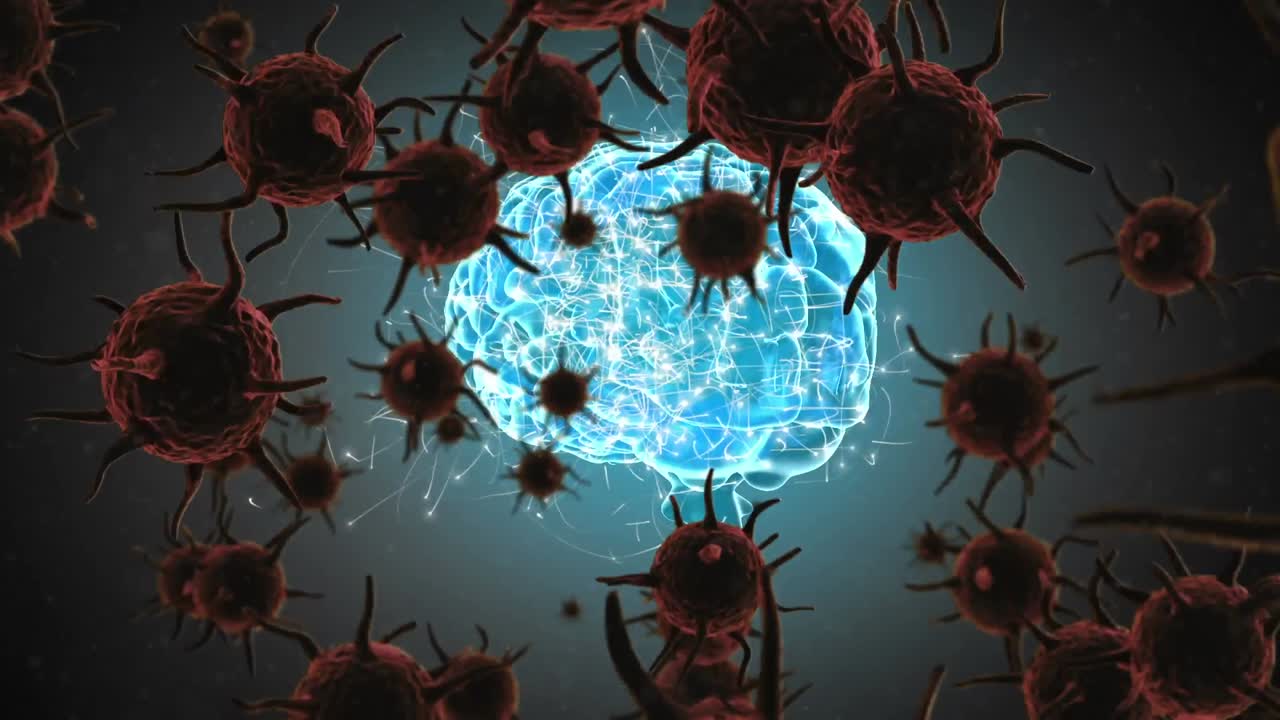 회색 배경에서 회전하는 인간의 뇌에 대한 여러 코로나19 세포의 디지털 애니메이션