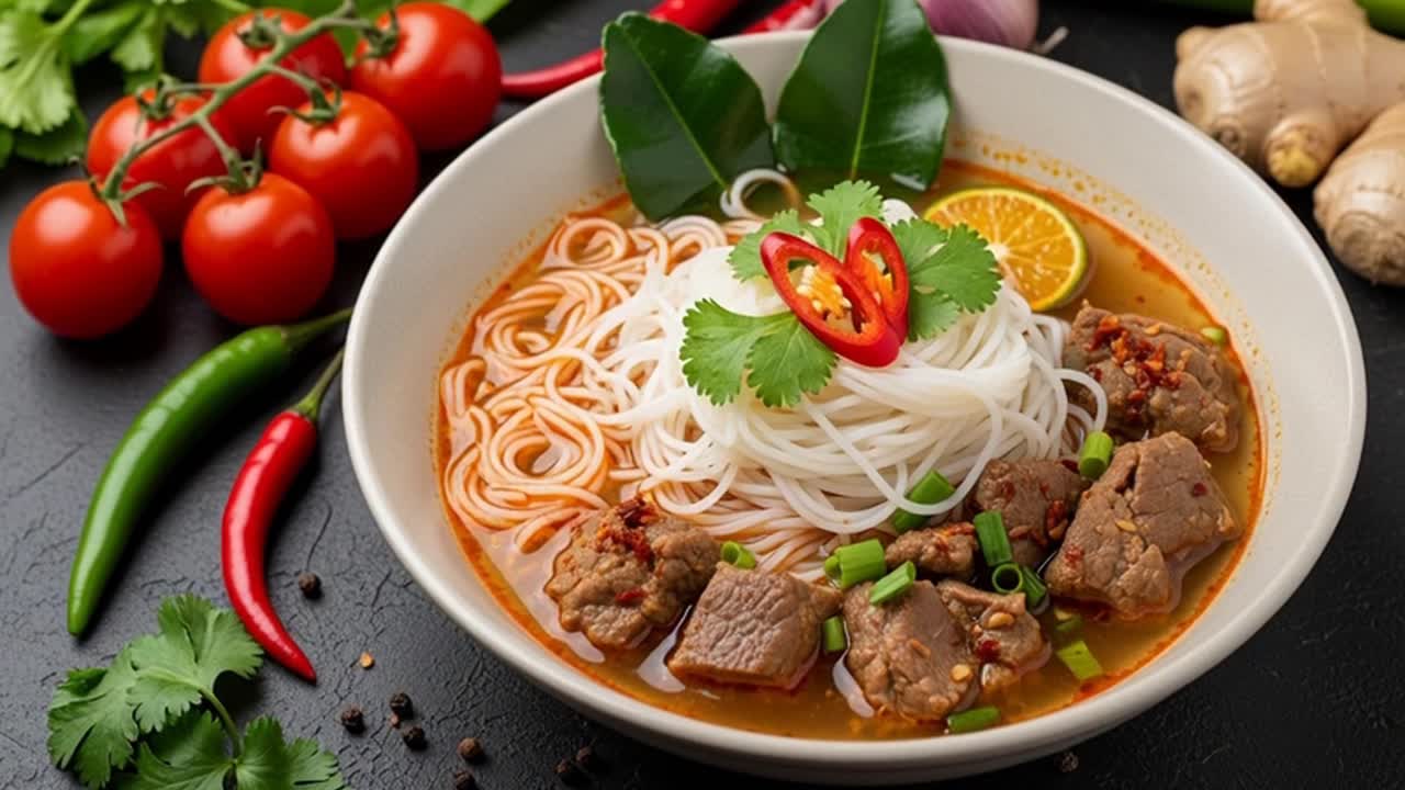 Thai rice noodles with spicy red curry sauce and meat in white bowl