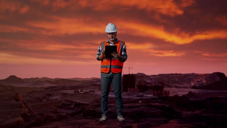 construction worker checking tablet at a mining site at sunset