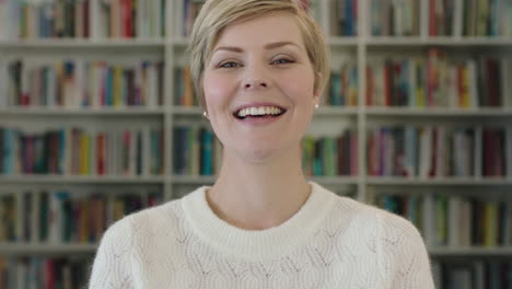 portrait of young beautiful blonde woman teacher in study library laughing cheerful enjoying successful career
