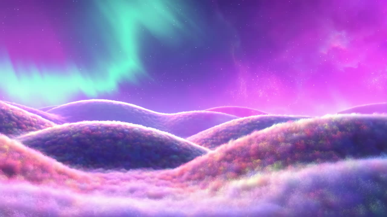 Vibrant Aurora Dreamscape over Colorful Rolling Hills