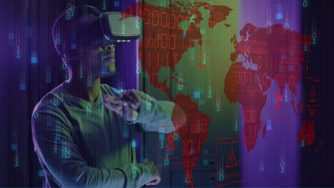 animation of world map and data processing over man wearing vr headset and computer servers