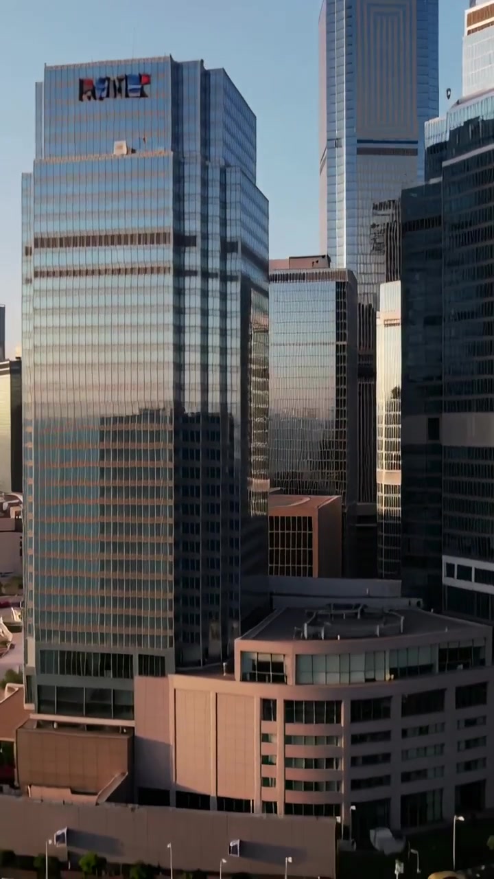 Vídeo vertical: Drone descendo, revelando torres de vidro e uma torre pontiaguda na cidade, mostrando carros em movimento.