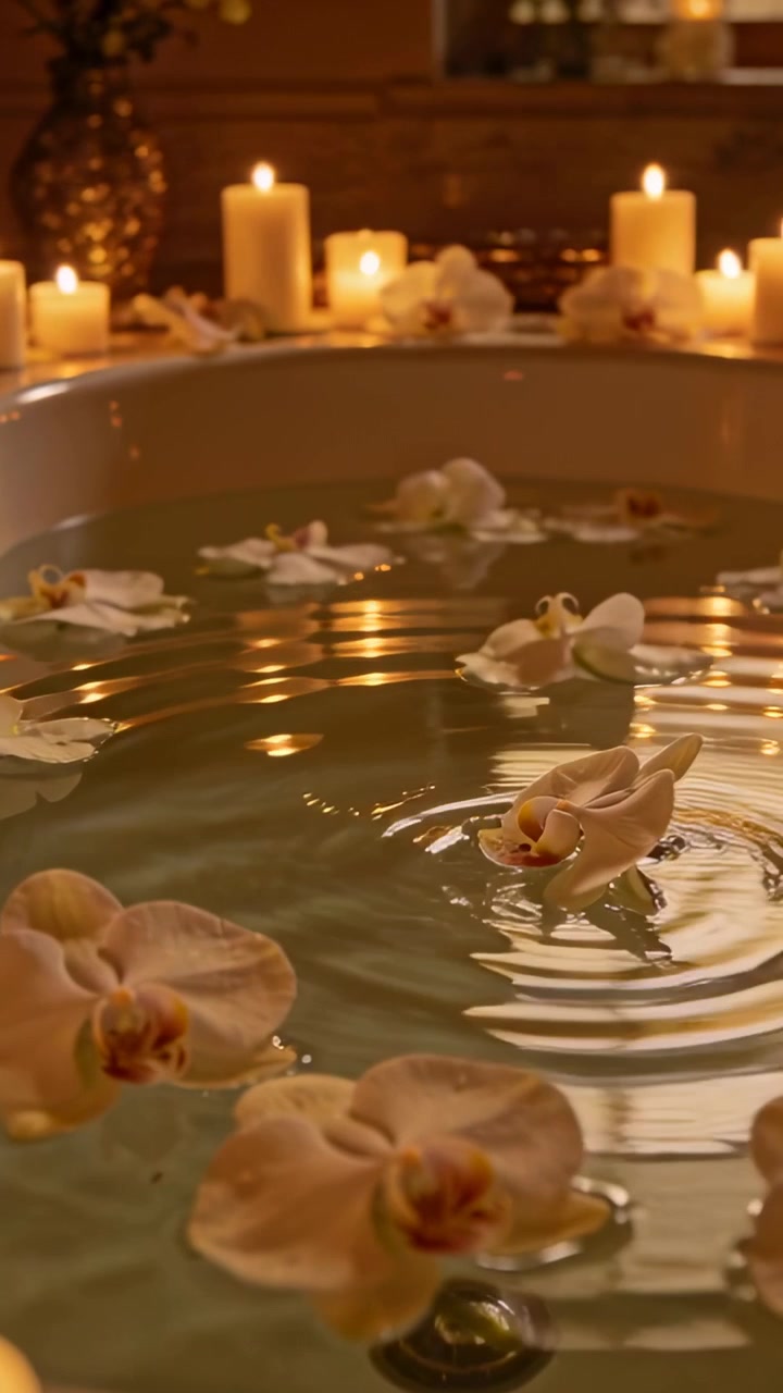 Video verticale: Increspatura che parte dal centro facendo ondeggiare orchidee pallide sull'acqua della vasca, con candele