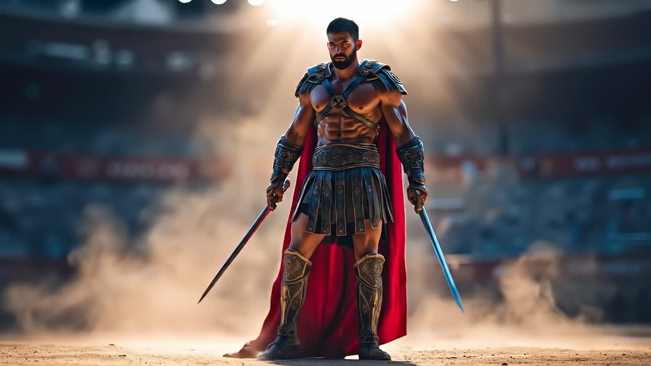 A man dressed as a gladiator standing in the desert with two swords