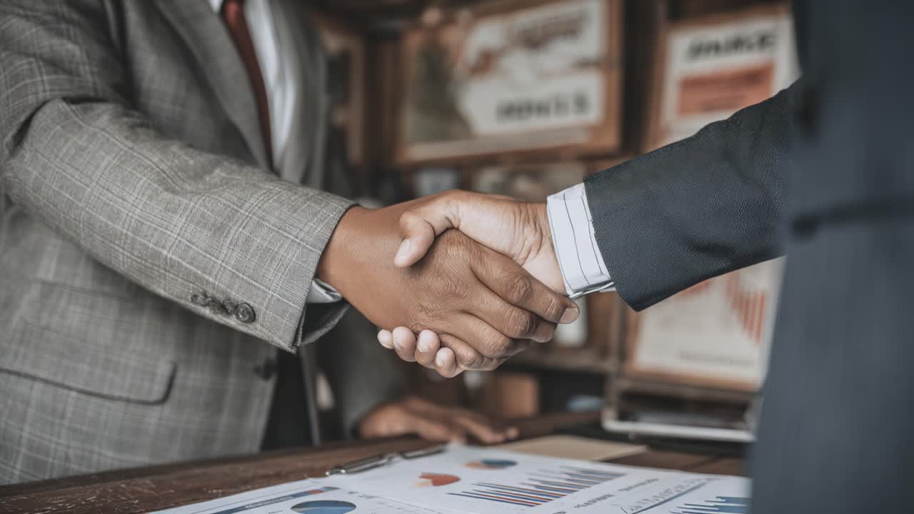 Two Business Professionals Engaging in a Firm Handshake in an Office Setting, Symbolizing Partnership and Commitment to Collaborative Success