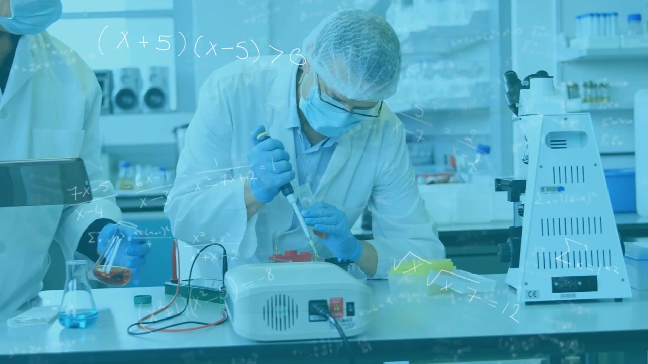 Lab scientists weighing BSA, pipetting into 500mL flask, chemistry overlay showing MTBSTFA, balance