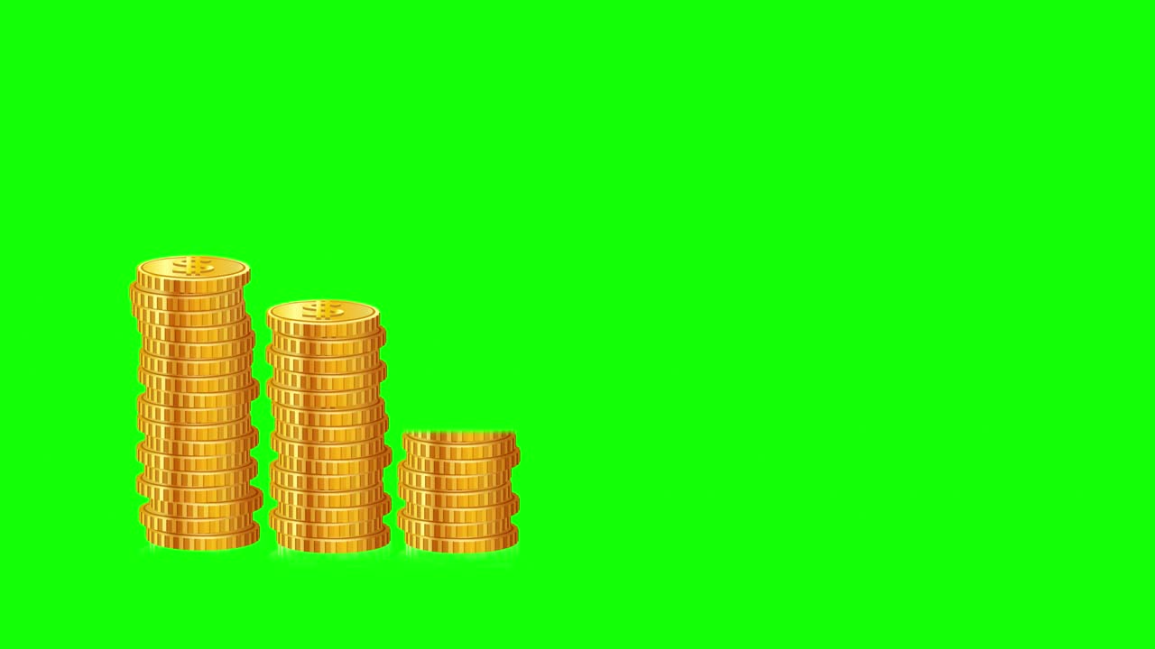 Down fall of Stocks displayed using coins and arrow representation on green screen background