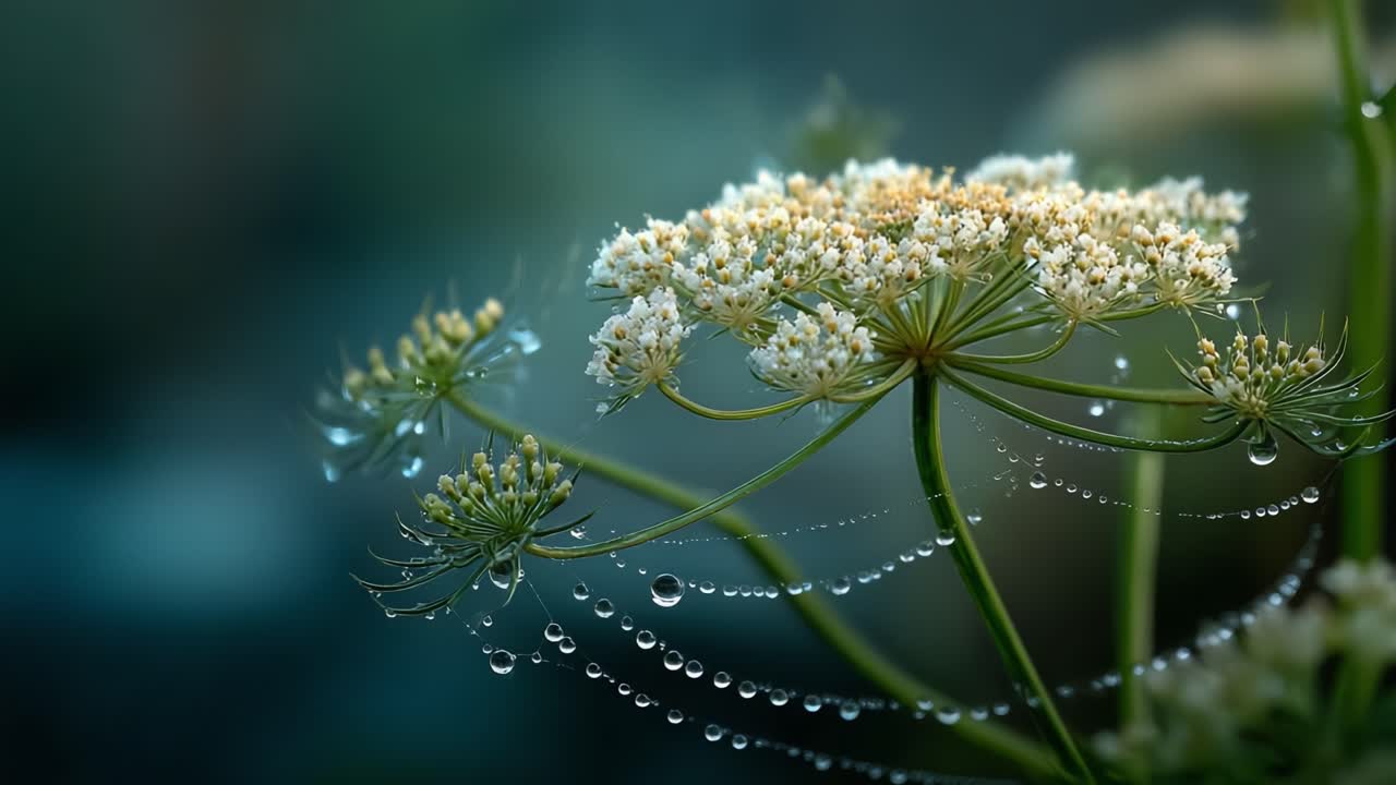 Close-up Views of Delicate White Flowers with Dewdrops Glimmering Under Soft Light, Capturing the Beauty and Fragility of Nature in a Serene Moment
