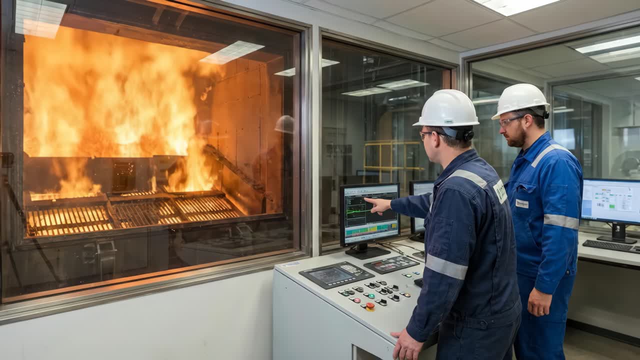 Ingegneri che osservano un test antincendio in una sala di controllo industriale