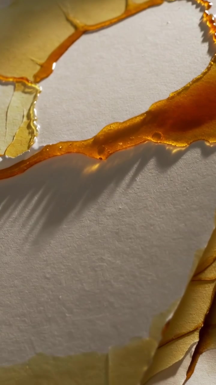 Vertical video: Tilting phone camera studying amber film on textured paper, showing rim shadows