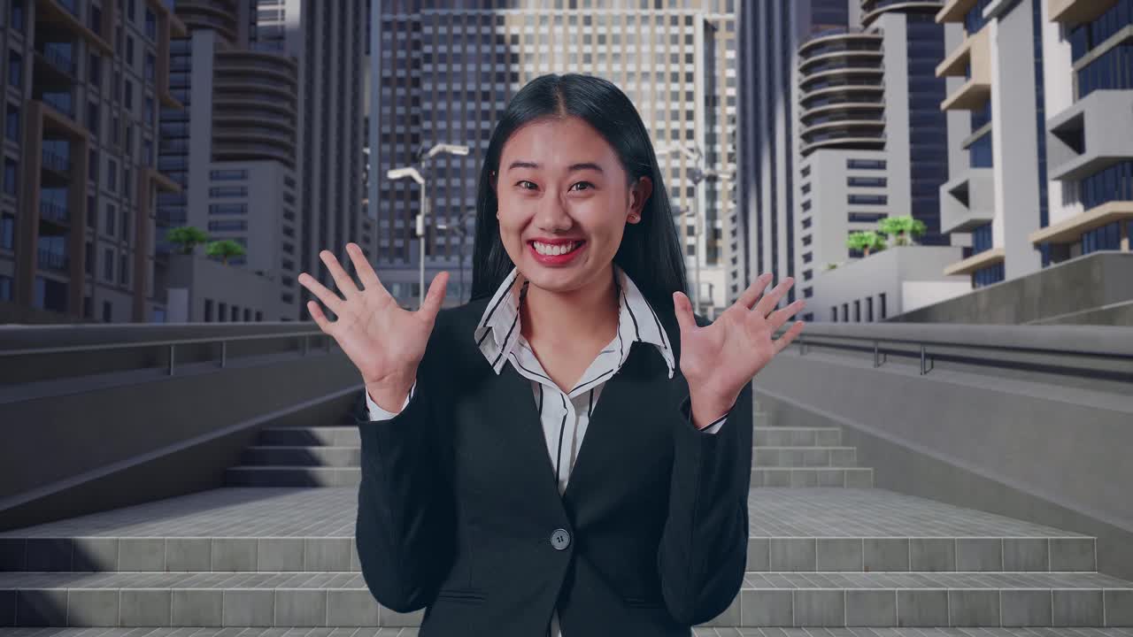 아시아 사업가 여성이 몸짓을 보여주고 손바닥에서 와우라고 말하고 도시에서 미소 짓고 있습니다.