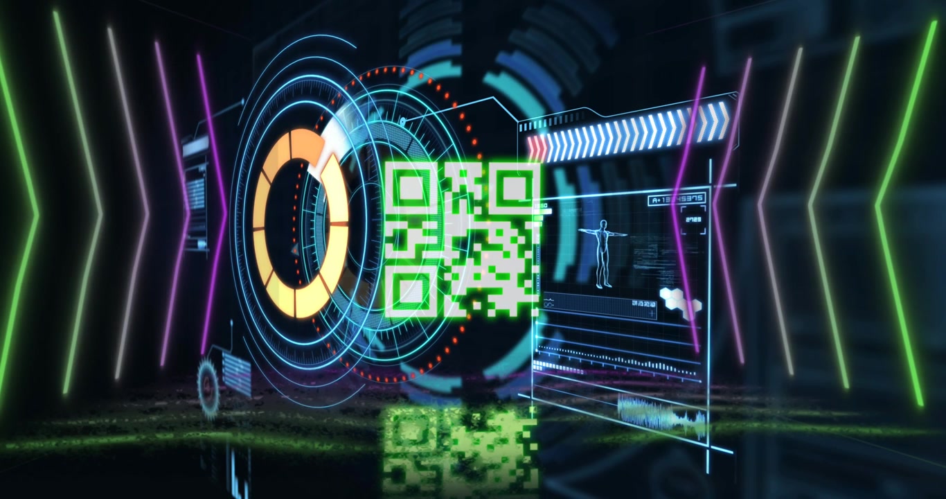 Animation of neon qr code with lines over data processing and scope scanning on black background