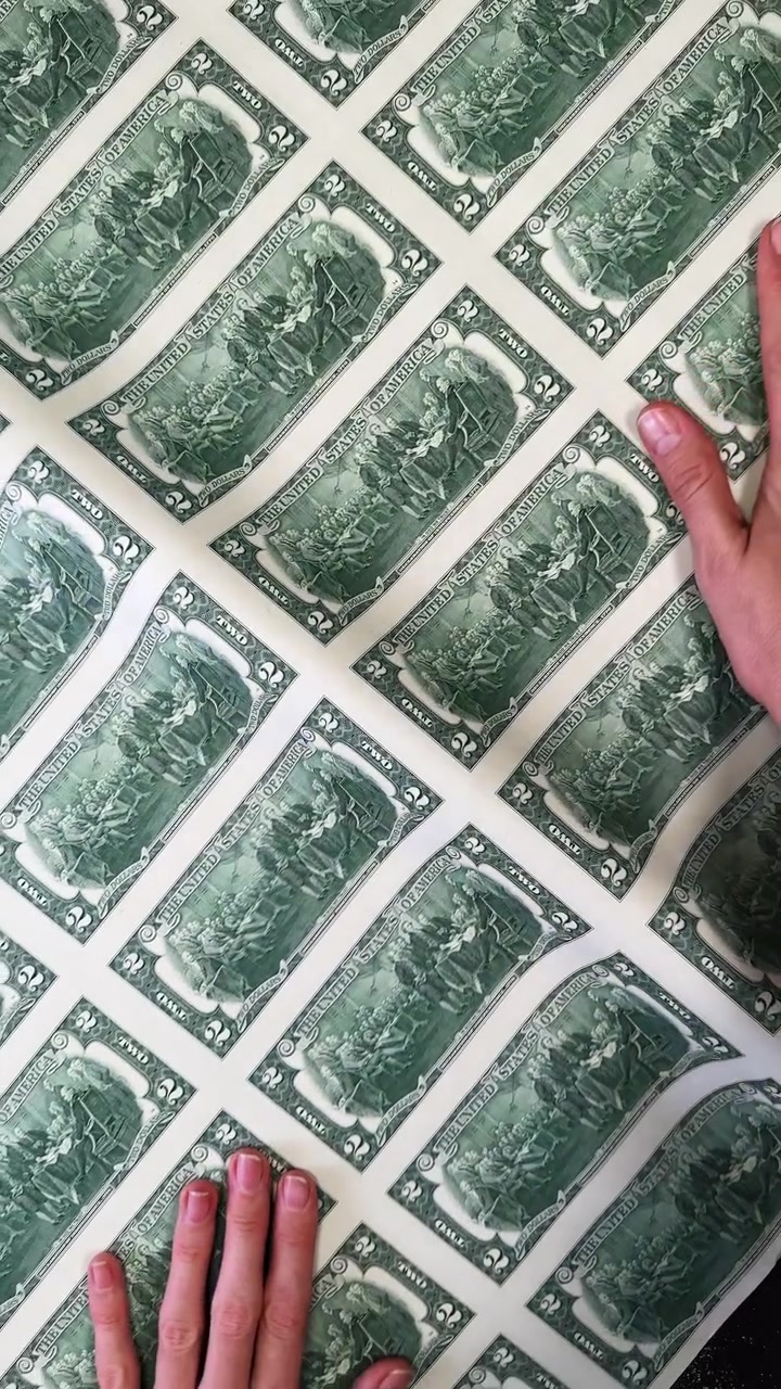 Souvenir two dollar bills printing sheet. Close up of souvenir two dollar bills arranged in a printing sheet pattern.