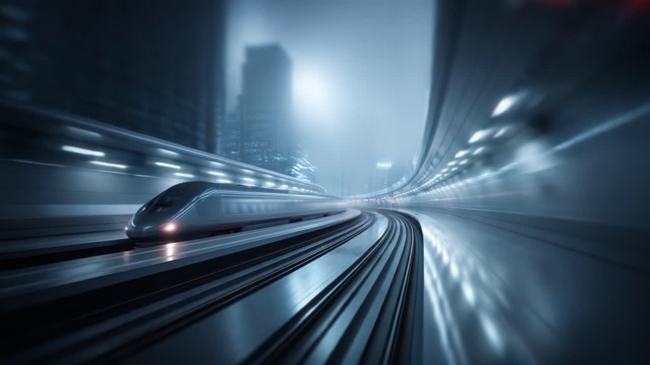 A high-speed train glides through a futuristic urban landscape, captured in motion to convey speed and modernity against a backdrop of sleek architecture and ambient lighting