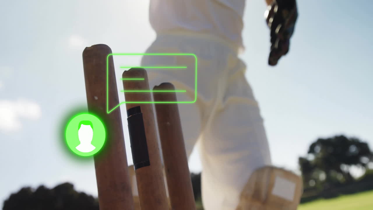 Playing cricket, player with animation of digital chat icon on stumps