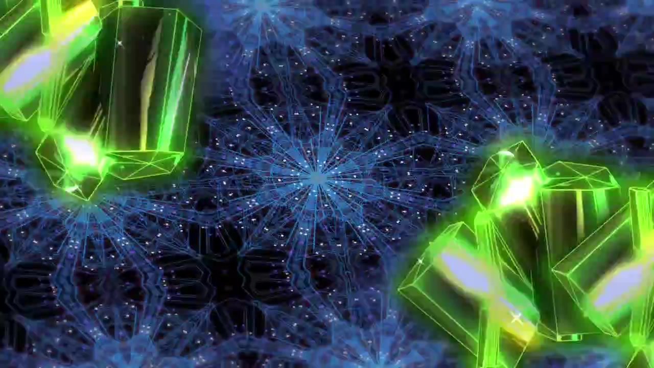 Animation of neon diamonds and kaleidoscopic shapes changing over black background