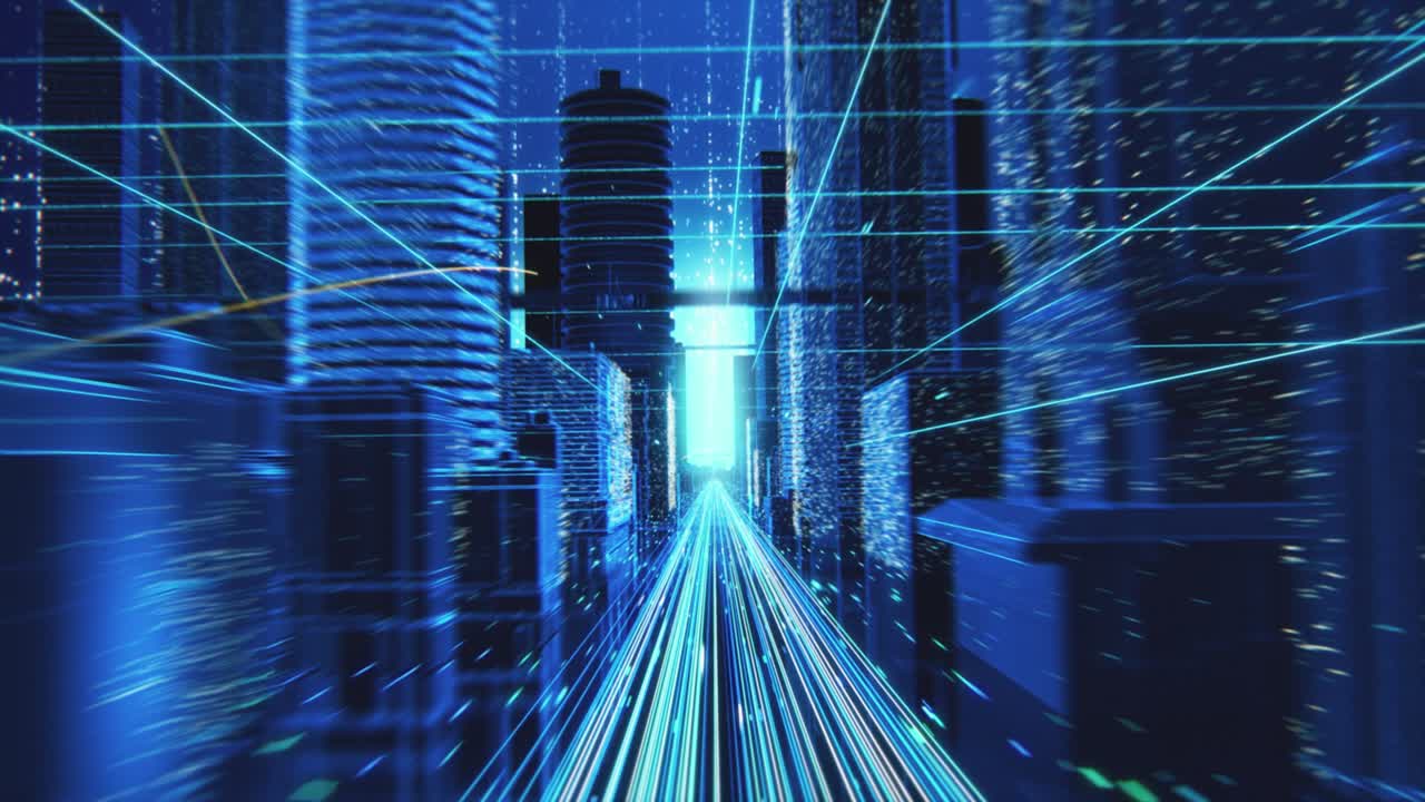una cámara fluye a través de las calles cibernéticas con líneas interconectadas tecnológicas que representan la web mundial, la conectividad a internet y los grandes datos.