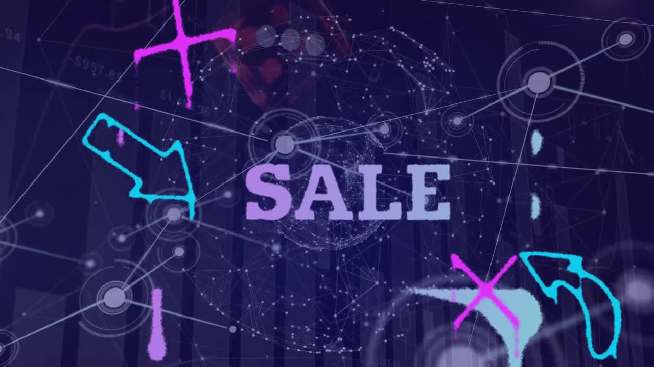 파란색 배경에 화살표, 십자가 및 연결 위에 판매의 애니메이션