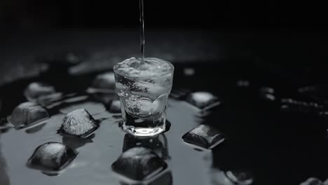 close-up of a shot glass filled with vodka and ice cubes